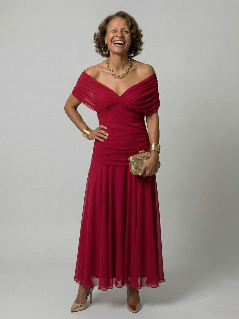 Lena | Schulterfreies Midi-Kleid in Fließend