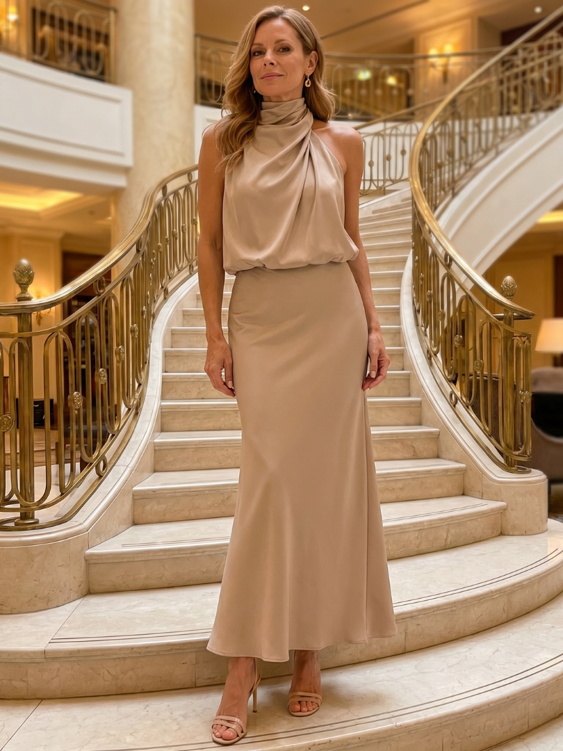 Selma | Ärmelloses Midi-Kleid mit drapiertem Hals