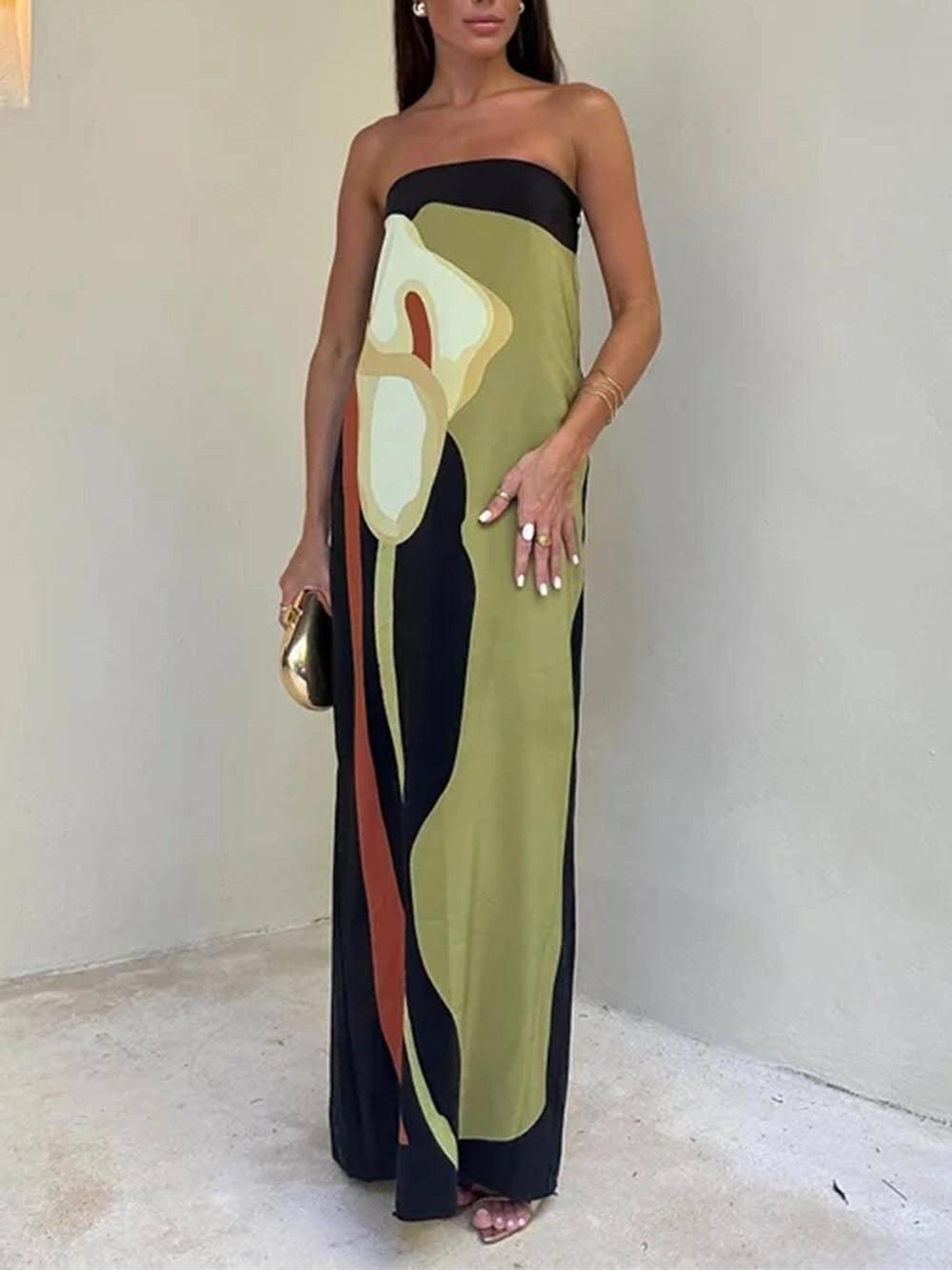 Vera | Bedrucktes Trägerloses Maxi-Partykleid