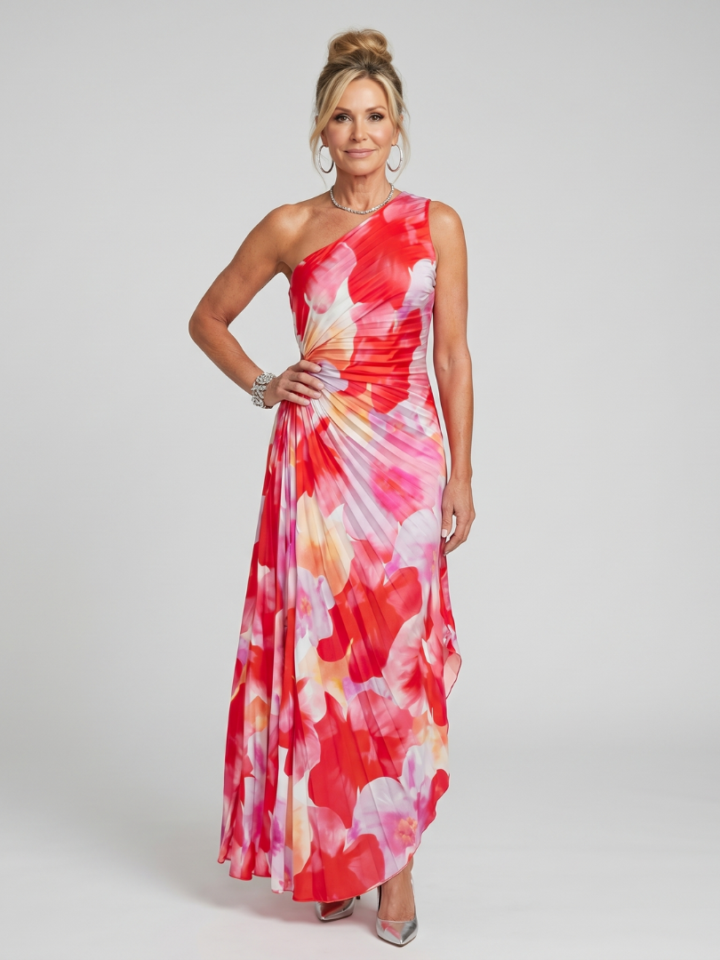 Ines | Ein Schulter Faltenrock Midi Kleid