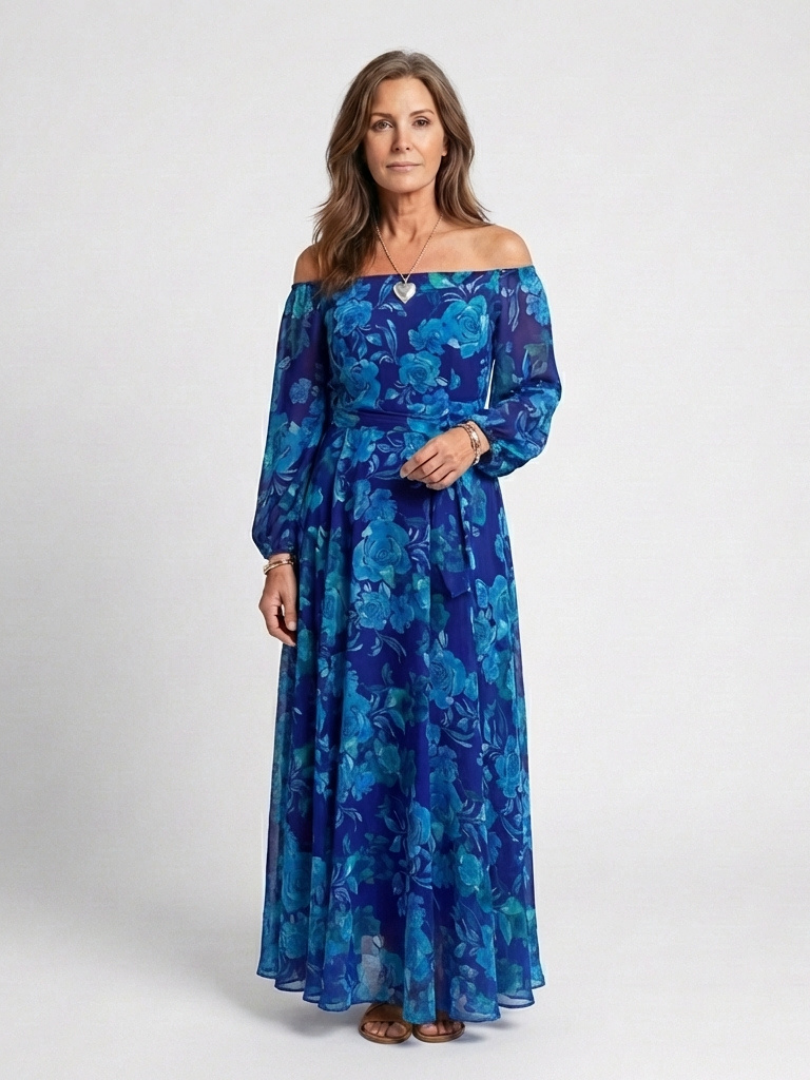 Annika | Schulterfreies Maxikleid mit Blumenmuster
