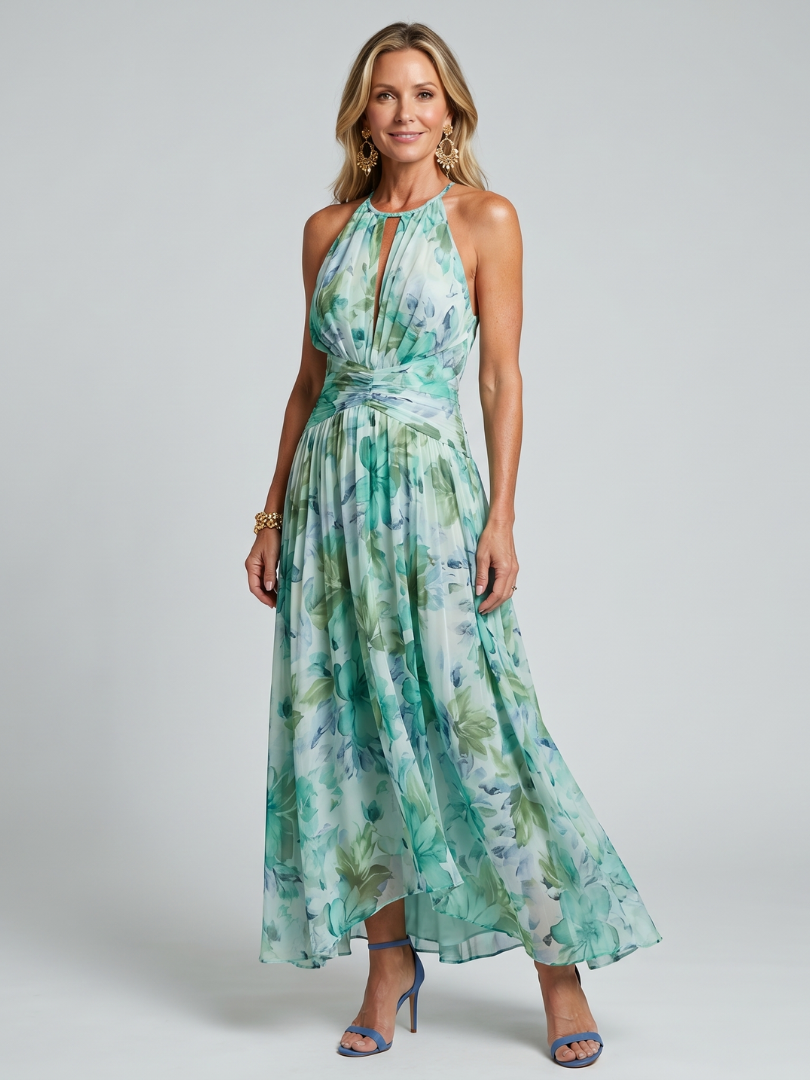 Sidonie | Faltendes Halterkleid mit weichem Blumenmuster in Midi-Länge