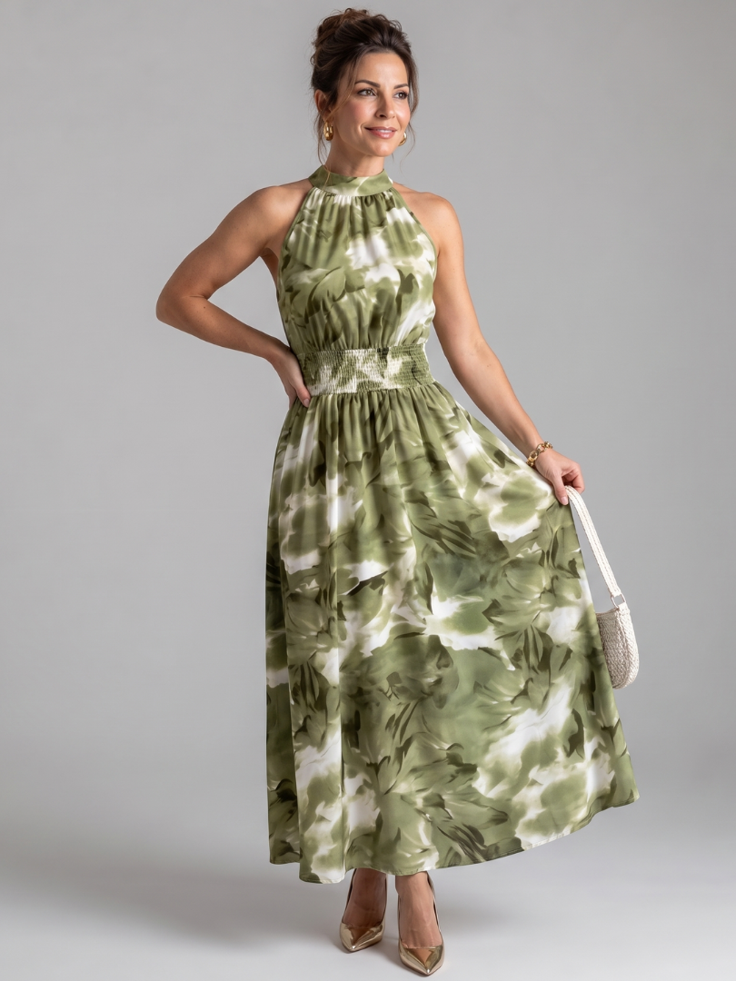 Aveline | Midikleid mit geraffter Taille und abstraktem Druck