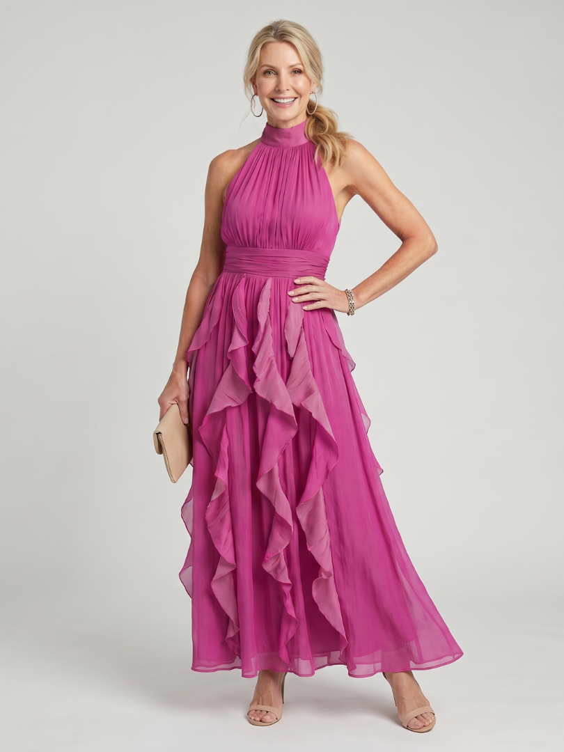 Rosamunde | Maxikleid mit hohem Halterneck und Rüschenschichten