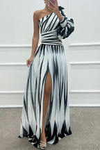 Marlene | Elegantes One-Shoulder-Maxikleid mit Streifen