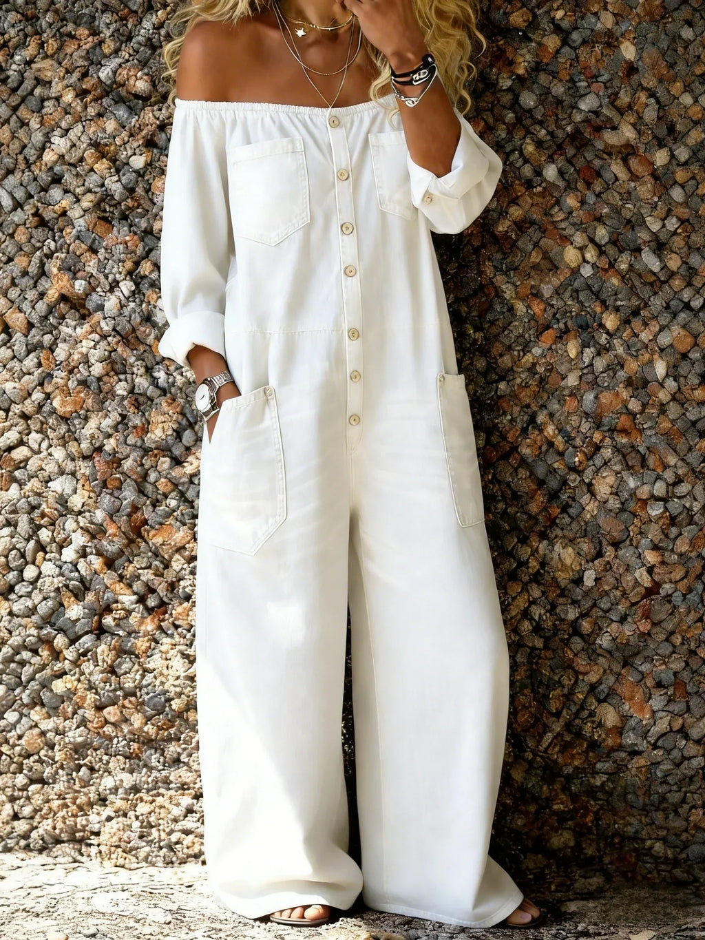 Frieda | Weiter Off-Shoulder-Jumpsuit aus Denim