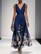 Vera | Florales Chiffon-Maxikleid in Hellblau