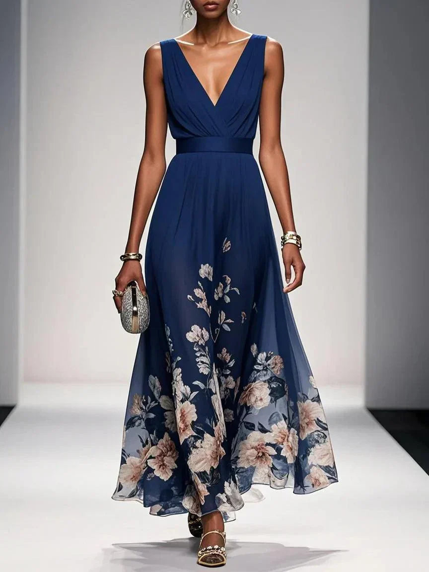 Vera | Florales Chiffon-Maxikleid in Hellblau