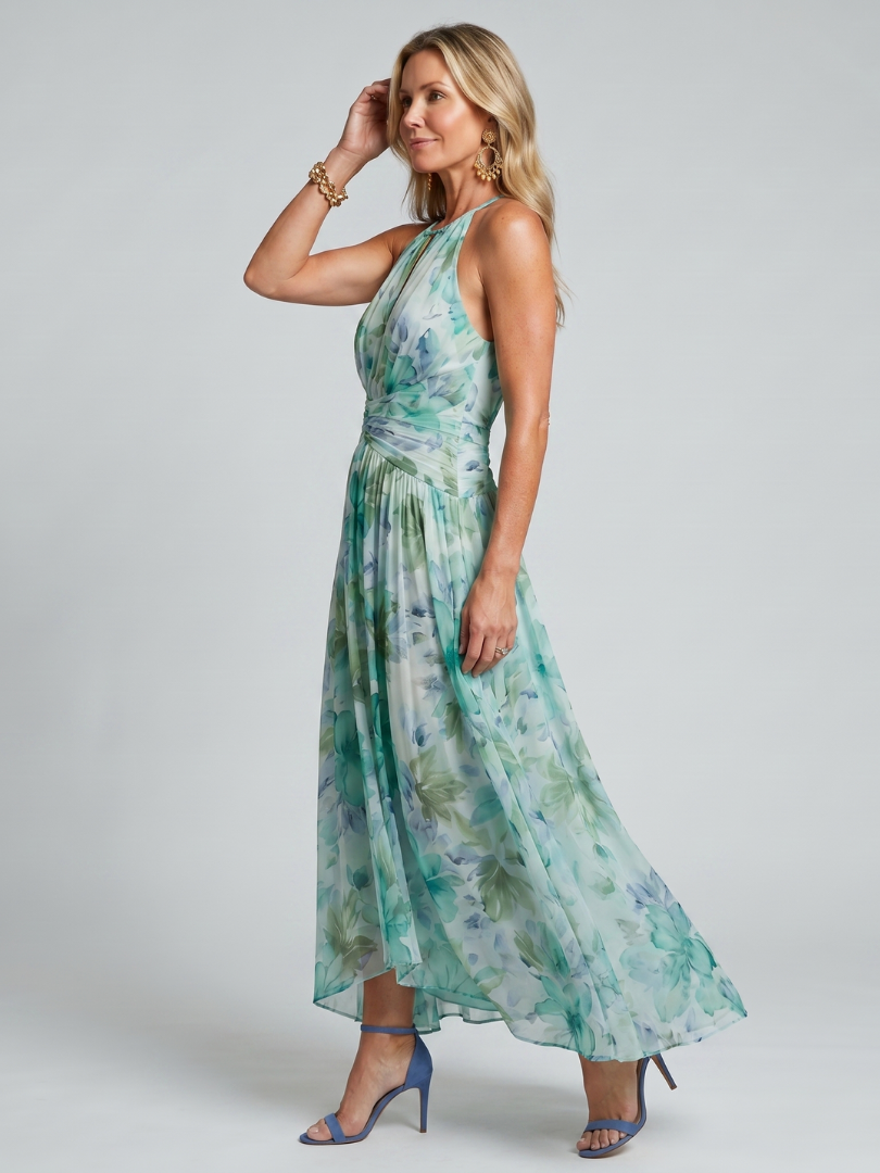 Sidonie | Faltendes Halterkleid mit weichem Blumenmuster in Midi-Länge