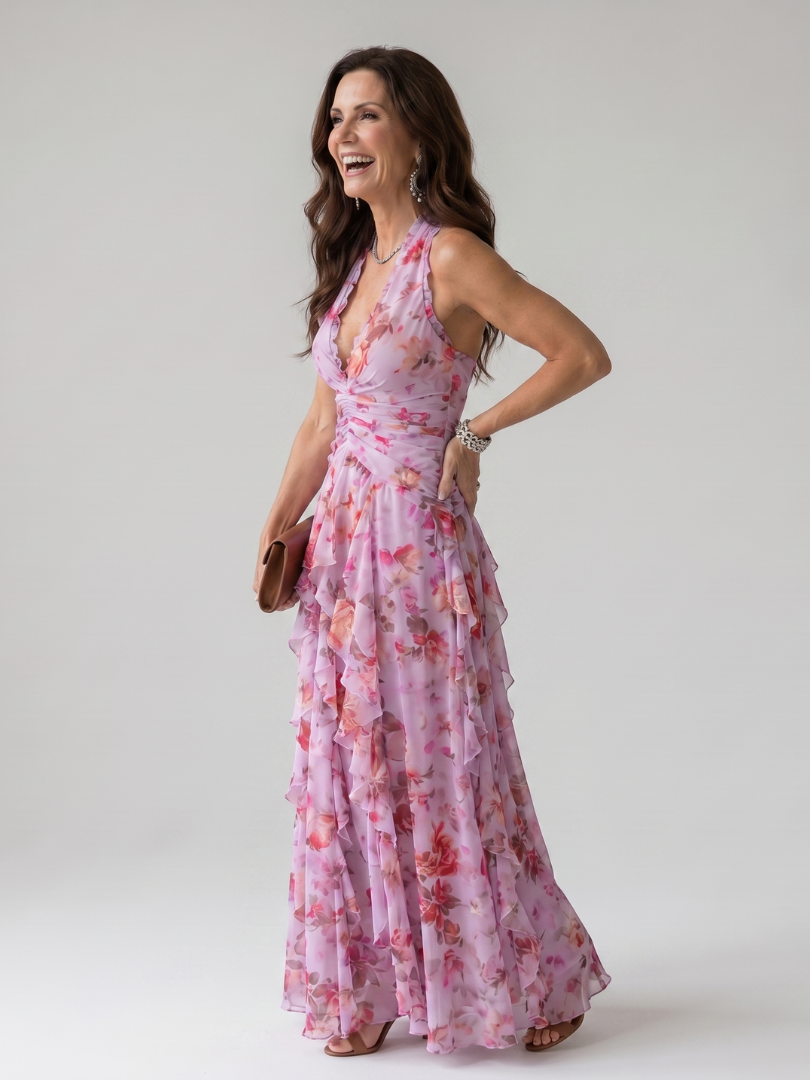 Theodora | Halterneck Rüschentop Florales Maxi-Kleid