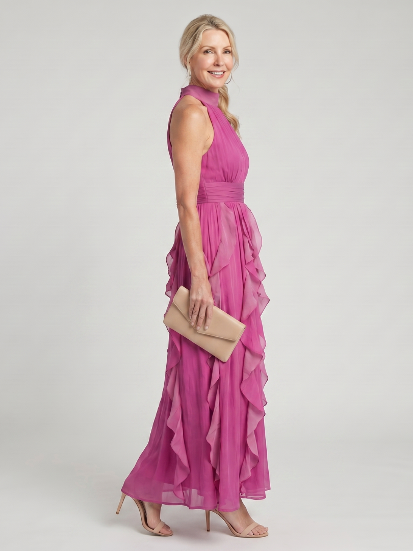 Rosamunde | Maxikleid mit hohem Halterneck und Rüschenschichten