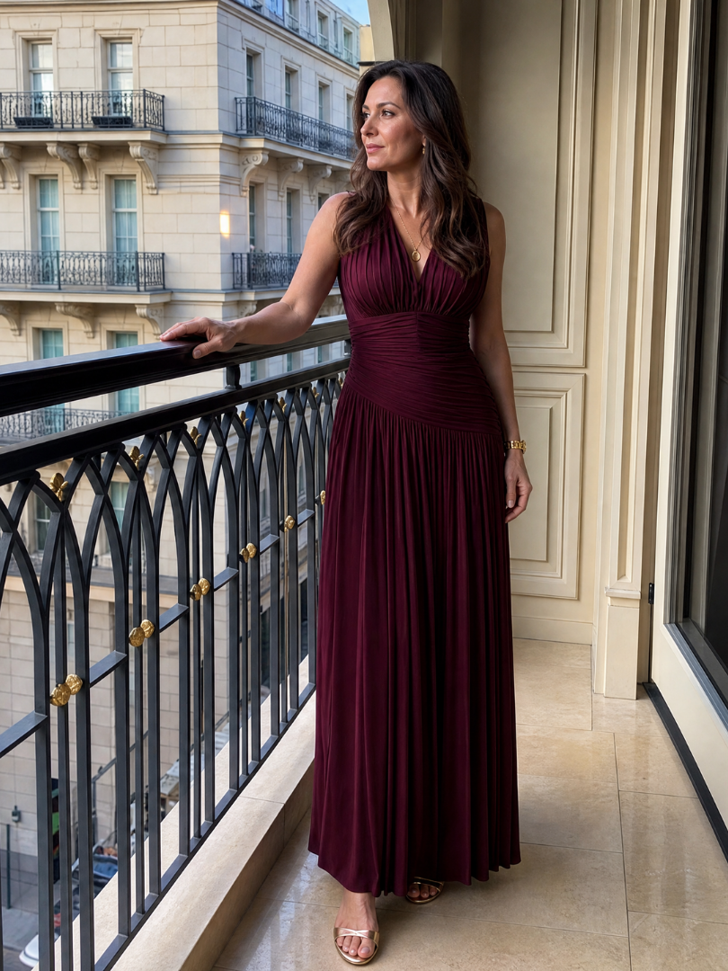 Ophelia | Ärmelloses Plissee V-Ausschnitt Midi-Kleid