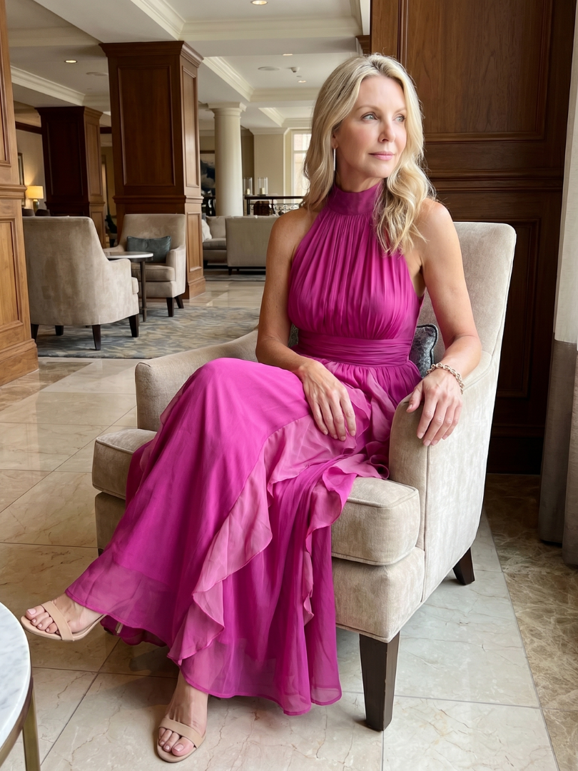 Rosamunde | Maxikleid mit hohem Halterneck und Rüschenschichten