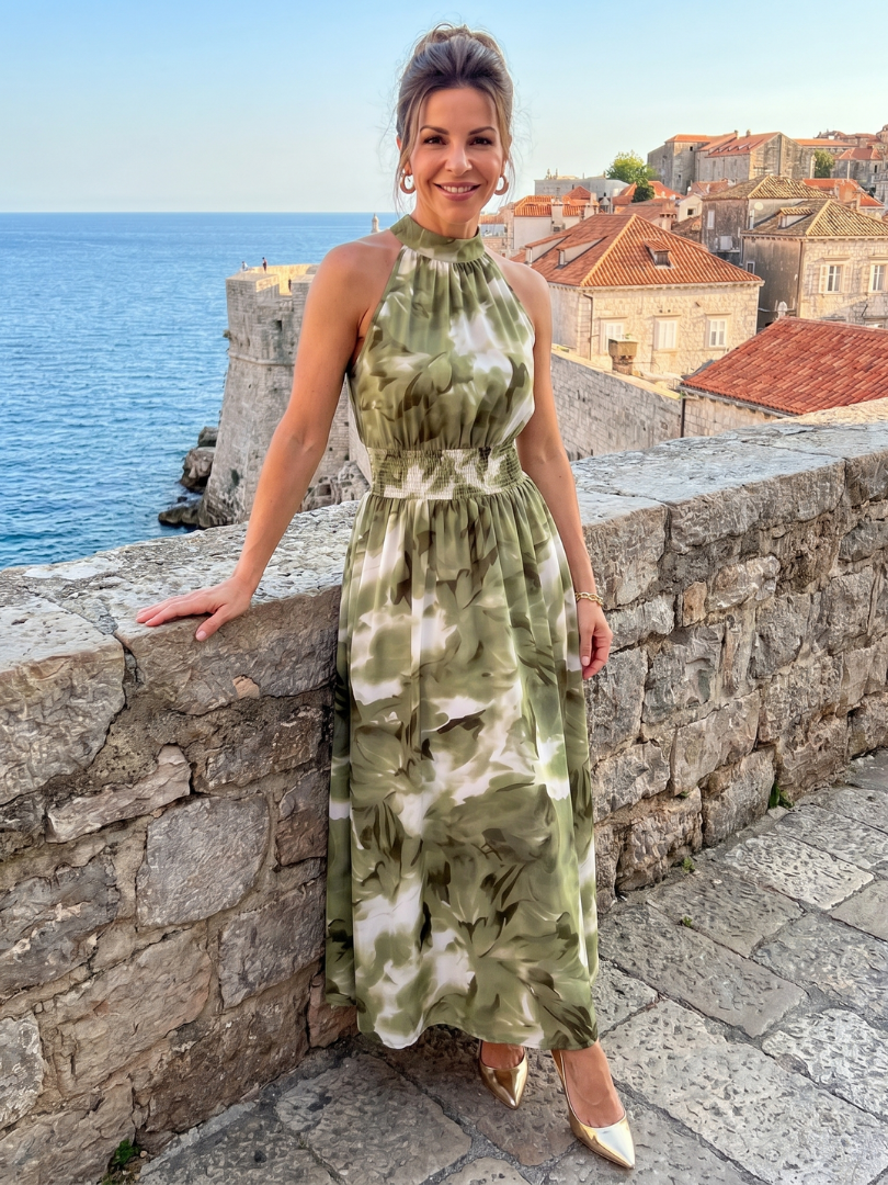 Aveline | Midikleid mit geraffter Taille und abstraktem Druck