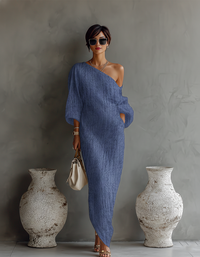 Vera | Schulterfreies Leinenkleid in Fließend