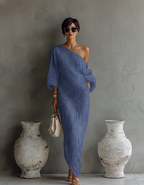 Vera | Schulterfreies Leinenkleid in Fließend
