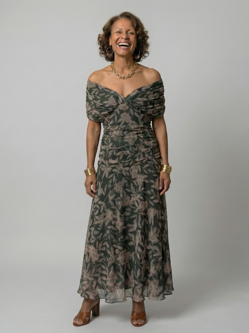Lena | Schulterfreies Midi-Kleid in Fließend