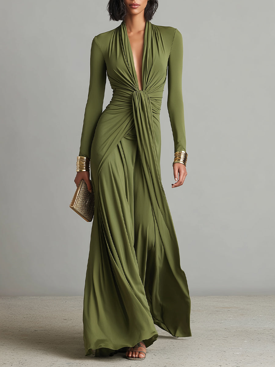 Vera | Olivfarbenes Seidenkleid mit V-Ausschnitt