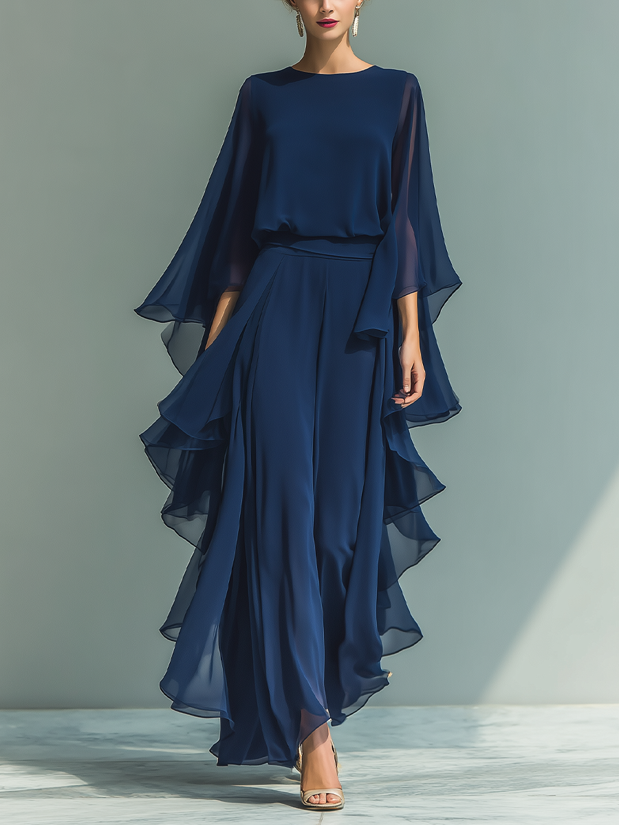 Vera | Chiffon-Set mit Rüschenhose in Marine