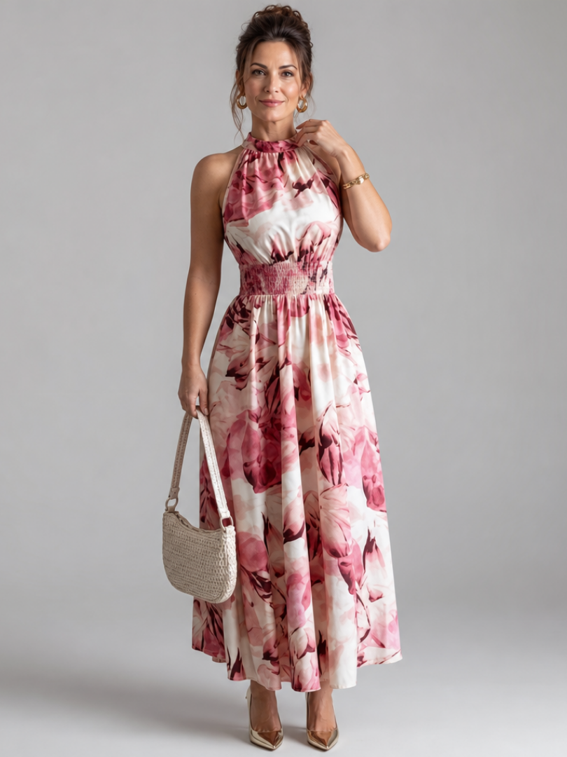 Aveline | Midikleid mit geraffter Taille und abstraktem Druck