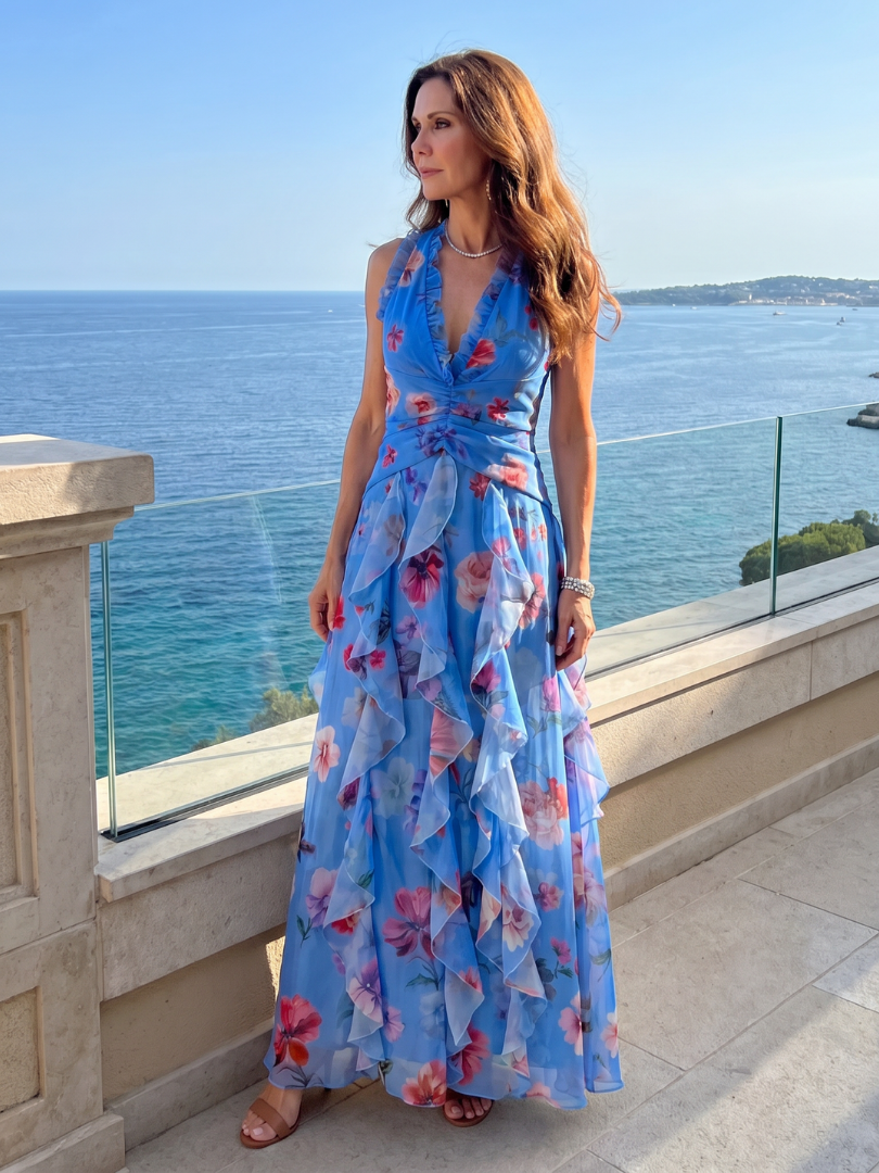 Theodora | Halterneck Rüschentop Florales Maxi-Kleid