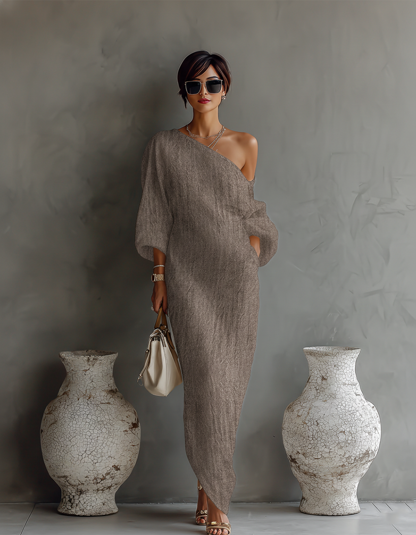 Vera | Schulterfreies Leinenkleid in Fließend