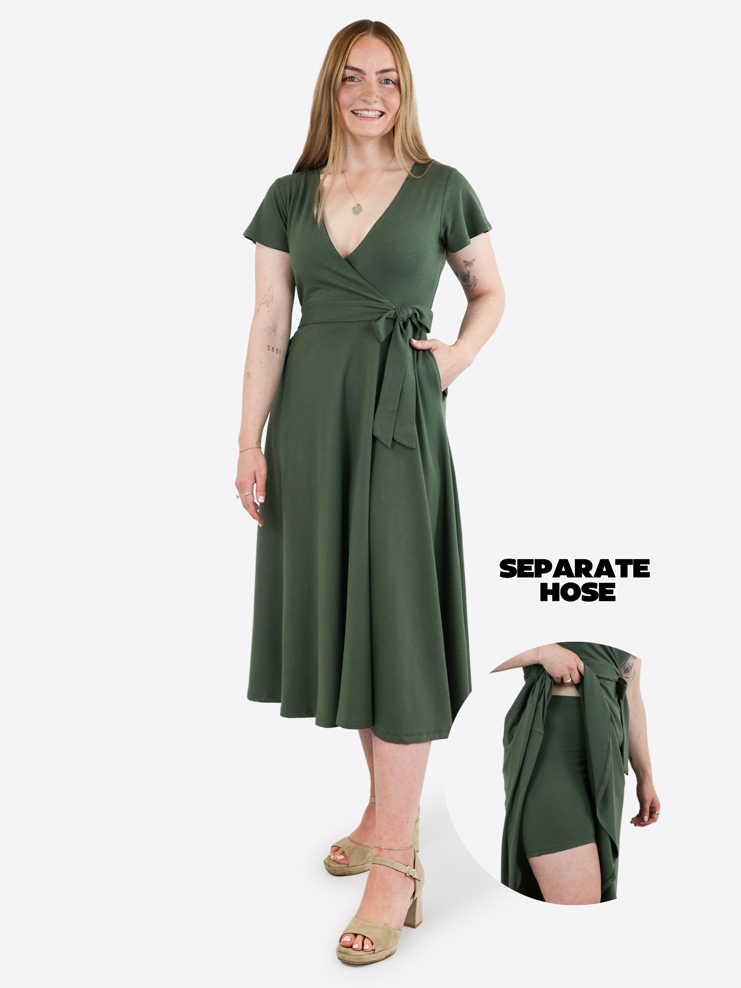 Nora | Midi Wickelkleid mit Flügelärmeln und integrierter Tasche