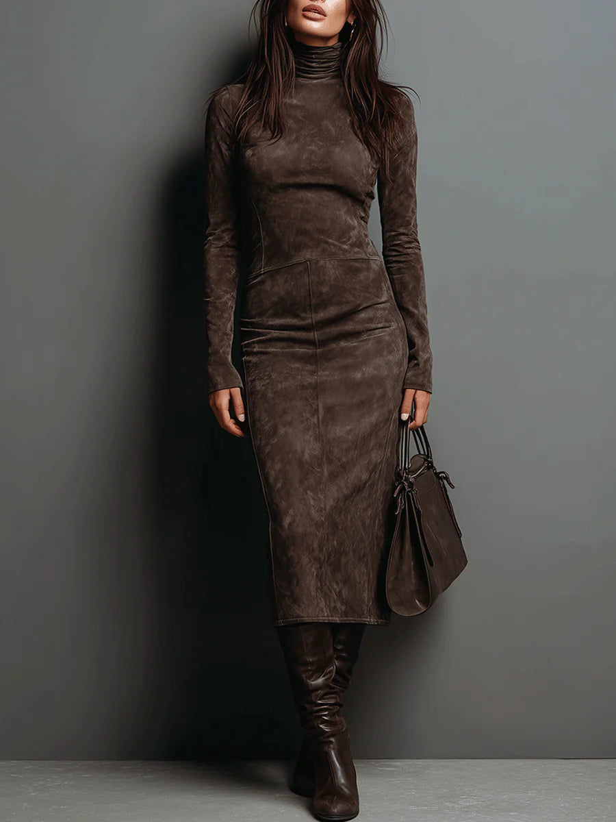 Frieda | Langärmliges Wildleder-Midi-Kleid