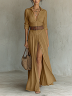 Vera | Langes Leinenkleid mit Reverskragen