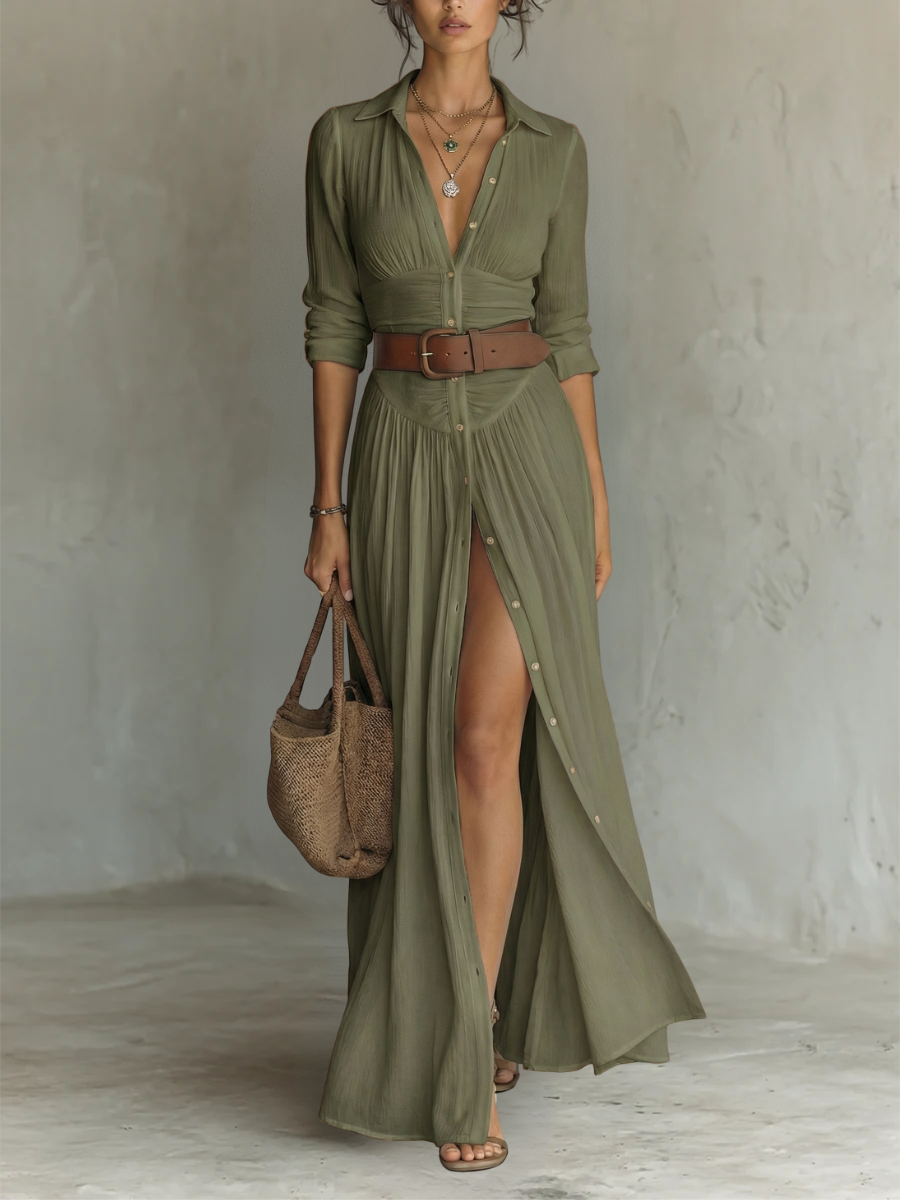 Vera | Langes Leinenkleid mit Reverskragen