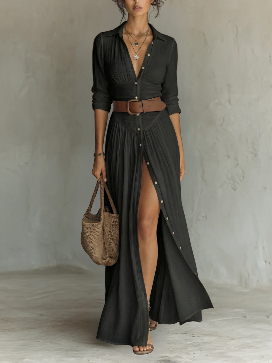 Vera | Langes Leinenkleid mit Reverskragen
