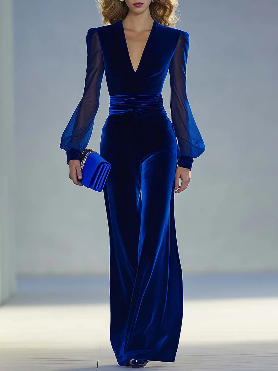 Vera | Samtjumpsuit mit Tüllärmel