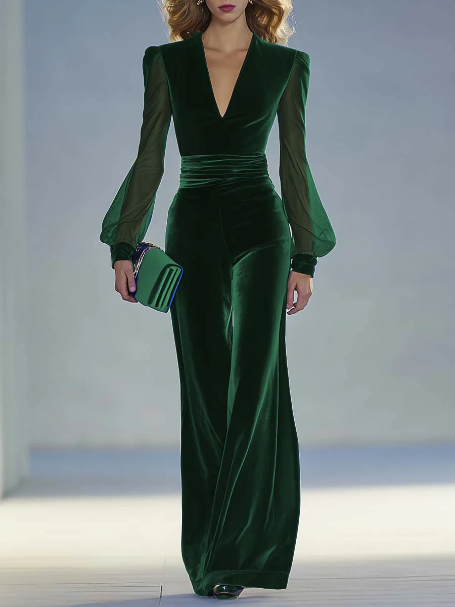 Vera | Samtjumpsuit mit Tüllärmel