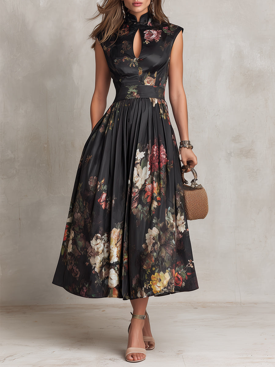 Frieda | Schwarzes Satinkleid mit Blumenprint