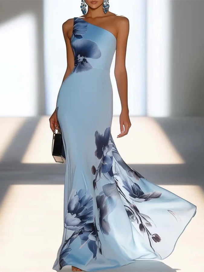 Felicia | Schulterfreies Satin-Maxikleid mit Print