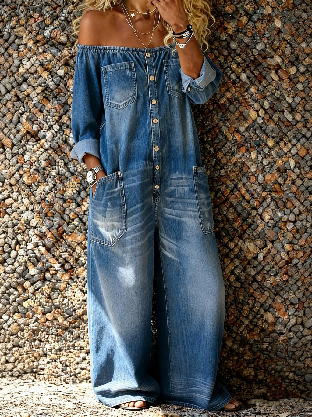 Frieda | Weiter Off-Shoulder-Jumpsuit aus Denim