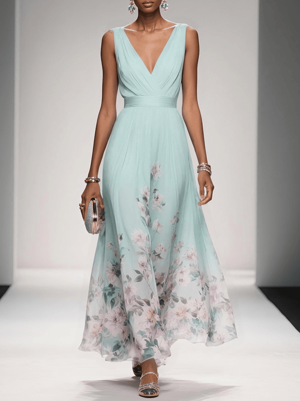 Vera | Florales Chiffon-Maxikleid in Hellblau