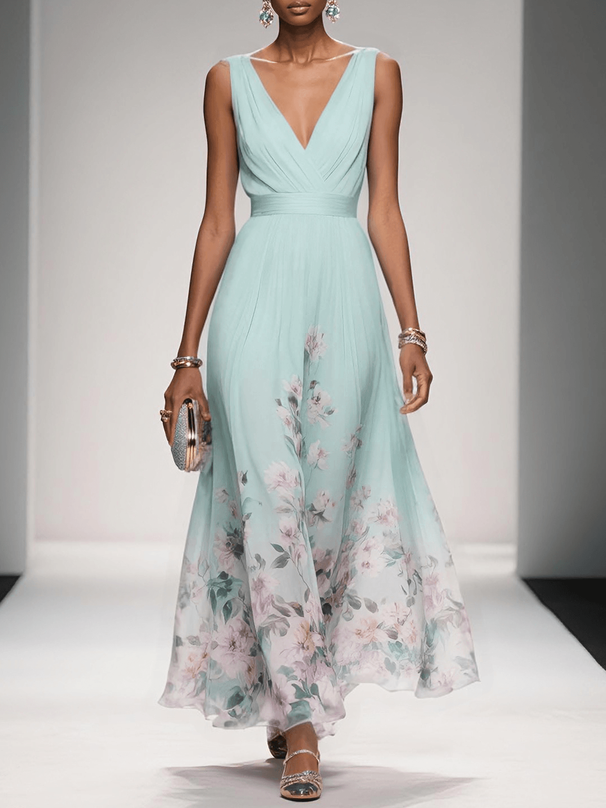 Vera | Florales Chiffon-Maxikleid in Hellblau