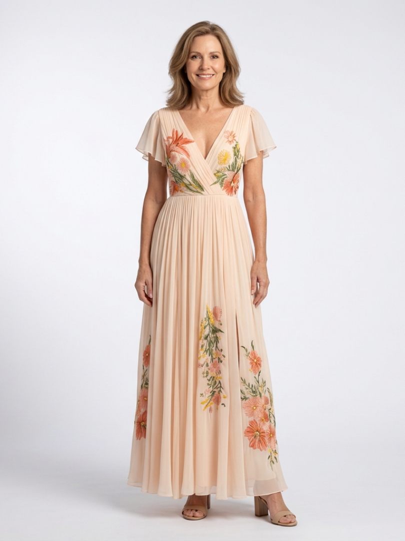 Lena | Maxi-Kleid mit V-Ausschnitt und Falten