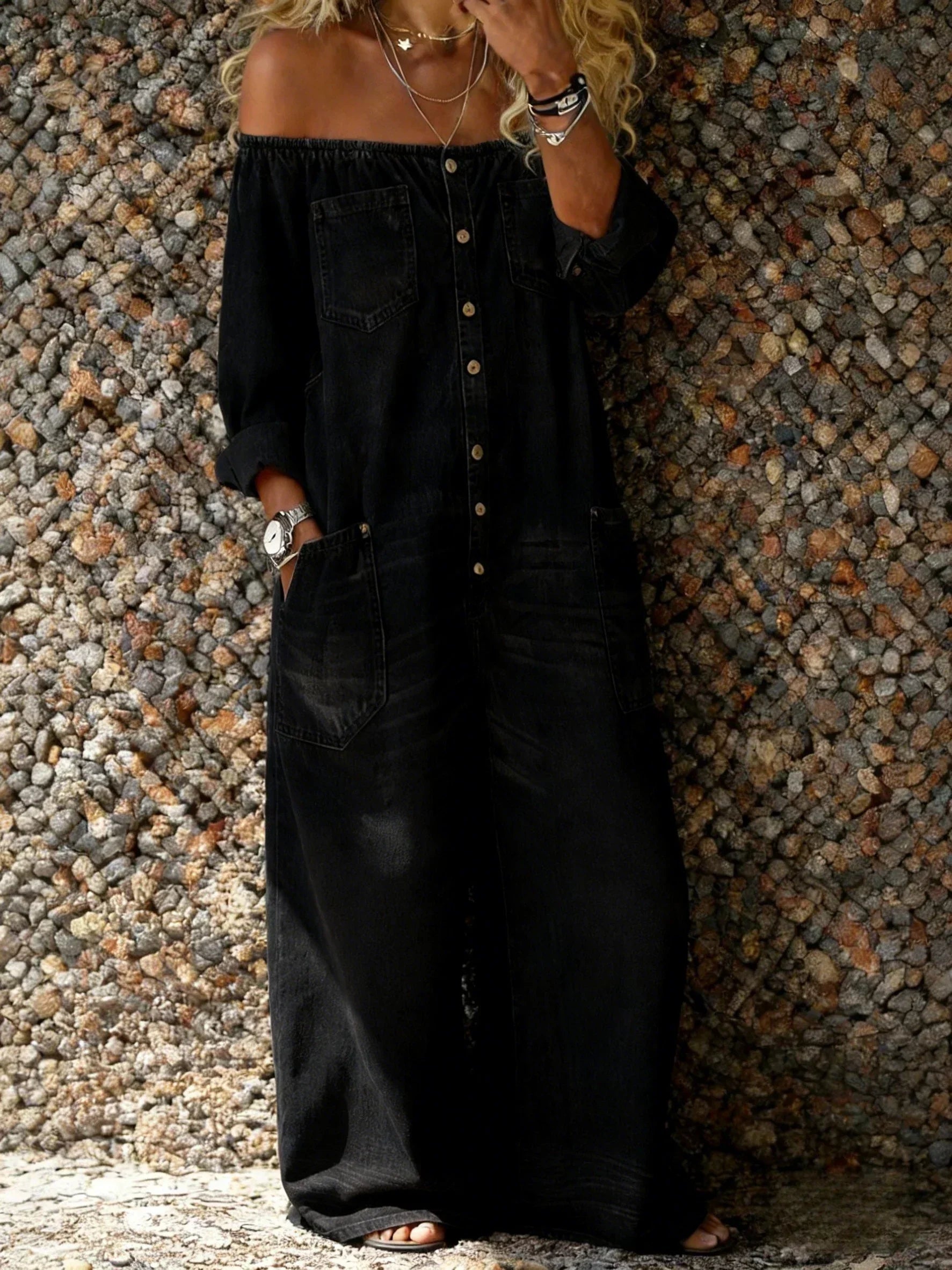 Frieda | Weiter Off-Shoulder-Jumpsuit aus Denim