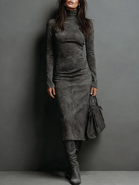 Frieda | Langärmliges Wildleder-Midi-Kleid