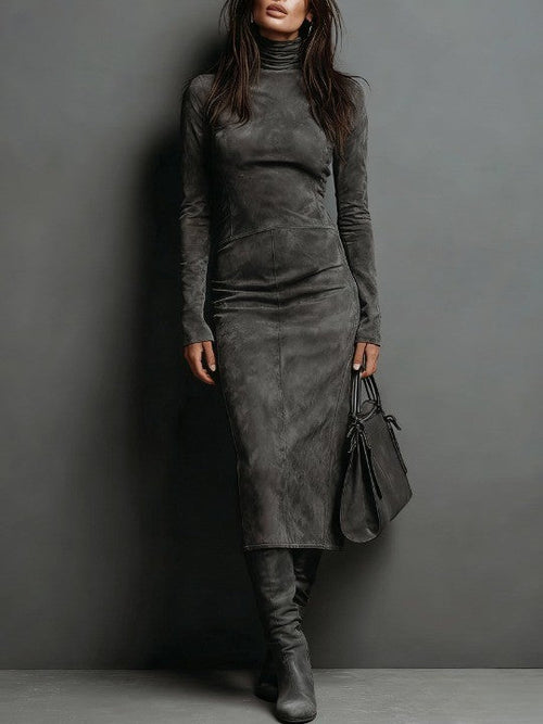 Frieda | Langärmliges Wildleder-Midi-Kleid