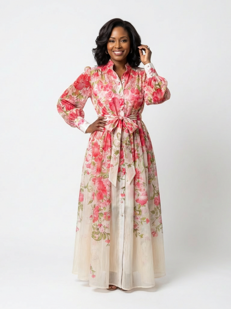 Vera | Transparentes Blumenprint Langarm Maxikleid