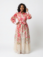 Vera | Transparentes Blumenprint Langarm Maxikleid