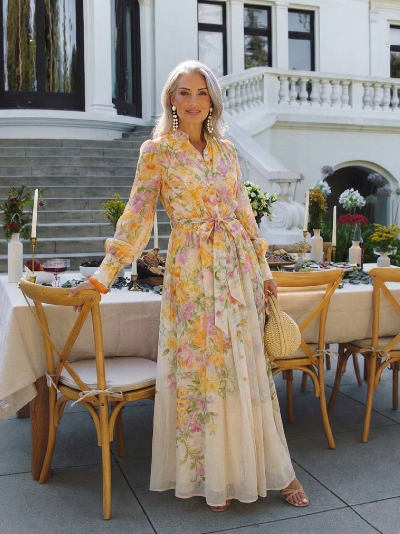 Vera | Transparentes Blumenprint Langarm Maxikleid